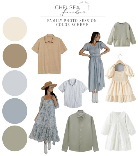 Family Portraits Outfits Spring, Light Blue And Beige Family Pictures Outfits, Powder Blue Family Pictures, Sage And White Family Pictures, Neutral Palette Outfits, Blue And Beige Photoshoot, Light Blue And Tan Family Pictures, Family Pictures Spring Colors, Sage Green And Light Blue Family Pictures