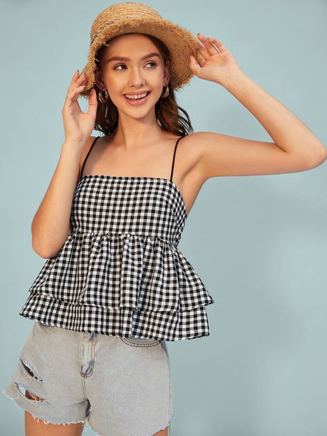 Layered Hem Gingham Cami Top Stylish Short Dresses, Flare Top, Matching Outfit, Black Camisole, Gingham Tops, Trendy Fashion Outfits, Soft Skin, Skirt Design, International Fashion