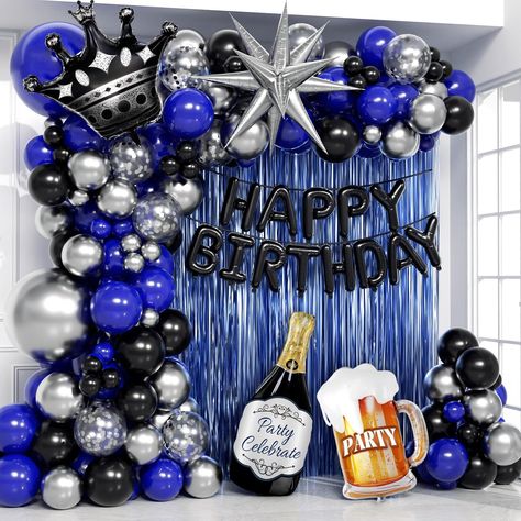 PRICES MAY VARY. 【What You Get】:You will receive: 61 navy blue balloons (1 x 18-inch, 10 x 12-inch, 20 x 10-inch, 30 x 5-inch), 36 silver balloons (1 x 18-inch, 15 x 10-inch, 20 x 5-inch), 15 black balloons (10-inch), 3 silver confetti balloons (12-inch), and 1 silver starburst-foil balloon. Additionally, you'll get 3 foil balloons, 1 "Happy Birthday" foil balloon, 2 blue fringe curtains (3.2 x 6.5 feet), glue dot*100, ribbons *1, decorative strip*1 【Ample Balloons&Complete Party Set】:This men b Blue Black And Gray Birthday Party, 50 Year Old Birthday Ideas For Men Party Themes, Men Party Ideas Decoration, Blue Decorations Party Birthday Ideas, Men Birthday Theme Ideas, Men Birthday Party Ideas Decoration, Men Birthday Decorations, Blue Birthday Decorations, Mens Birthday Party Decorations