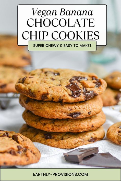 Vegan Banana Chocolate Chip cookies are super chewy and full of banana and chocolate! This vegan cookie recipe is quick and easy to make and requires no chill time! Vegan Banana Chocolate Chip Cookies, Vegan Banana Cookies, Vegan Cookie Recipe, Vegan Chocolate Chip Cookie Recipe, Healthy Vegan Cookies, Easy Vegan Cookies, Fun Meals, Banana And Chocolate, Banana Chocolate Chip Cookies