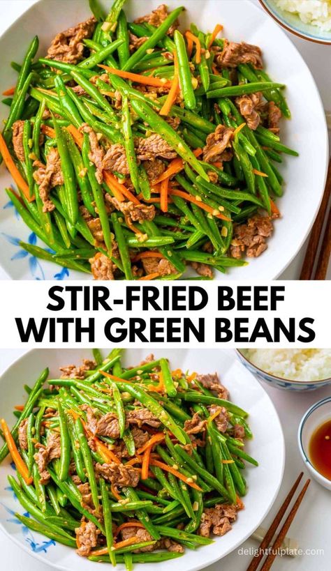 a plate of Vietnamese stir-fried green beans with beef Beef And Green Beans Recipe, Green Beans Garlic, Asian Green Beans, Garlicky Green Beans, Stir Fry Green Beans, Stir Fry Greens, Chinese Chicken Salad Recipe, Asian Dinner, Asian Stir Fry