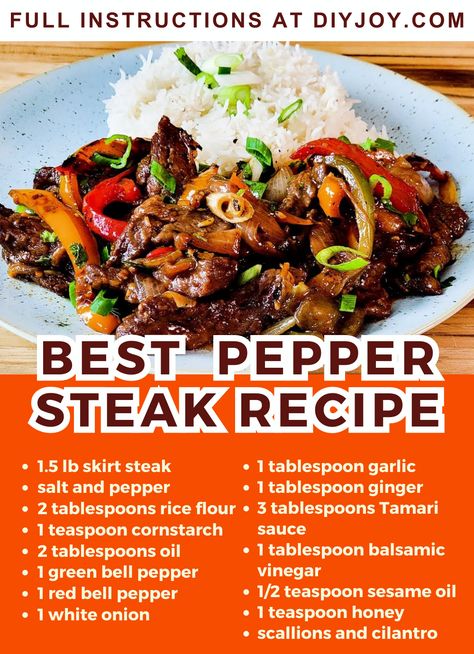 Best Pepper Steak Recipe | Easy and Quick Dinner Recipe via @diyjoycrafts Best Pepper Steak Recipe, Sweet Pepper Salad Recipe, Pepper Steak Recipe Easy, Skirt Steak Recipes, Pepper Steak Recipe, Chinese Cooking Recipes, Pepper Steak, Videos Cooking, Steak Recipe