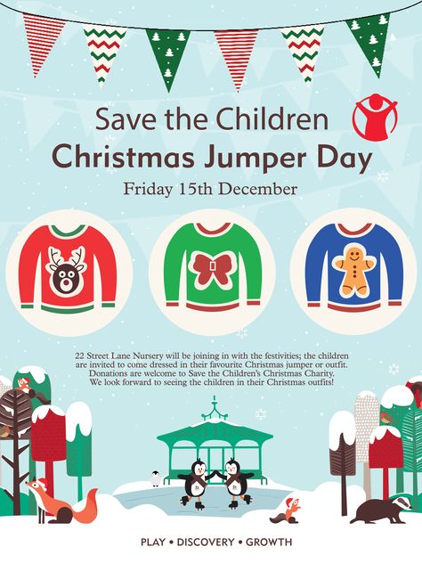 Last year's Christmas Jumper Day to support Save the Children poster designed by the marketing team at 22 Street Lane Nursery . . . #22streetlanenursery #illustration #graphicdesign #poster #kidsposter #nurseryposter #childcare #daycare #artwork #posterdesign #leedsnursery Children's Book Week, Edible Christmas Gifts, Christmas Jumper Day, Poster Template Free, Real Christmas, Christmas Jars, Nursery Poster, Childrens Christmas, Learning Ideas