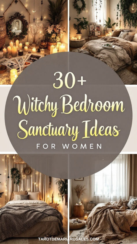 Witchy decor bedroom, bedroom sanctuary ideas, boho witchy bedroom, witchy bedroom, mystical decor, witchy room, modern mystic, bedroom sanctuary, sanctuary bedroom Boho Bed With Canopy, Behind The Bed Curtain Ideas, Modern Witch Room, Medieval Cottage Bedroom, Dreamy Feminine Bedroom, Cozy Moody Bedroom Ideas, Home Sanctuary Decorating Ideas, Magical Room Ideas, Aquarius Room Aesthetic