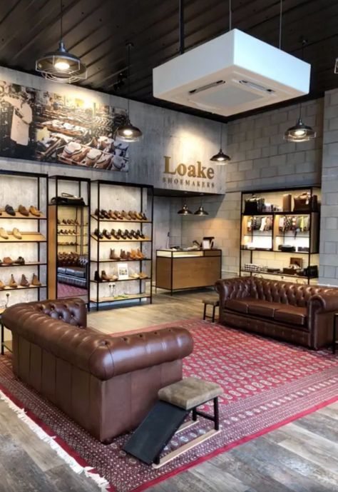 Masculine Retail Design, Men’s Boutique Interior, Leather Shop Interior, Mens Clothing Store Interior Design, Mens Boutique Interior Design, Shoes Shop Design Ideas, Men's Clothing Store Design, Shoe Store Design, Retail Store Interior Design