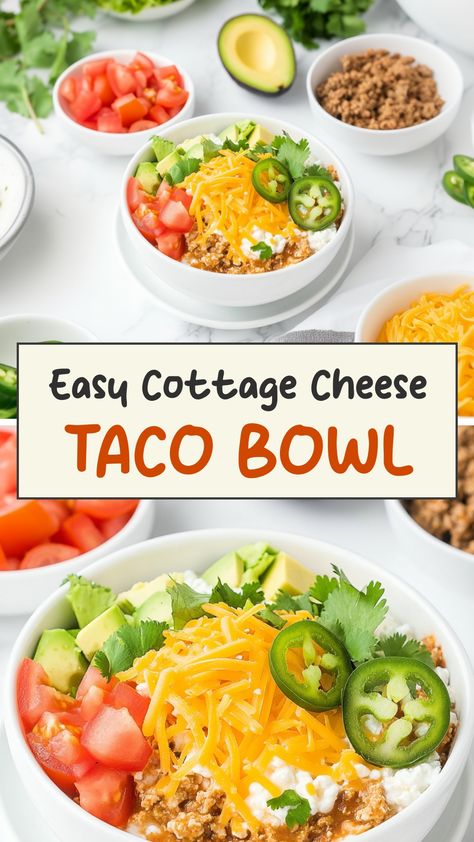 Discover the ultimate comfort food with this delicious cottage cheese taco bowl recipe. Packed with flavorful ingredients like seasoned ground beef, crunchy vegetables, creamy cottage cheese, and zesty salsa, this dish is a perfect balance of protein and veggies. It's easy to customize based on your preferences – add some avocado slices for creaminess or a sprinkle of cilantro for extra freshness.  Ingredients 1/2 cup low-fat cottage cheese 1/2 cup cooked taco meat 2 tablespoons reduced-fat ched Bariatric Taco Recipes, High Protein Low Starch Meals, Optavia Cottage Cheese, Mexican Cottage Cheese Bowl, Veggies And Cottage Cheese, Cottage Cheese Bowl Recipes Lunch, Chicken Taco Cottage Cheese Bowl, Taco Cottage Cheese Bowl Recipes, Cottage Cheese Taco Shell