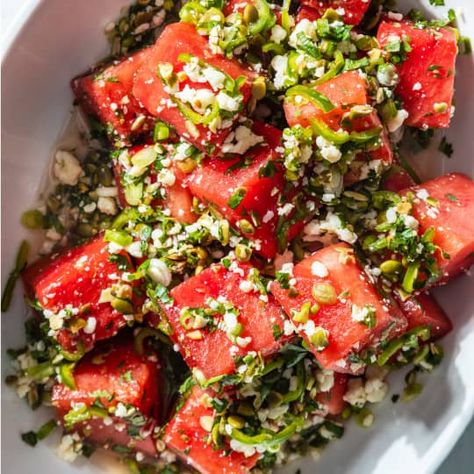 Watermelon Salad with Cotija and Serrano Chiles | Cook's Illustrated Melon Salad, Illustrated Magazine, America's Test Kitchen Recipes, Happy Belly, Cotija Cheese, Watermelon Salad, Feta Salad, America's Test Kitchen, Cooks Illustrated