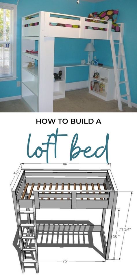 Loft Bed With Desk Underneath Diy, Full Size Loft Bed Diy, 2 Loft Beds In One Room, Build A Loft, Loft Beds For Teens, Kids Loft Bed, Build A Loft Bed, White Loft Bed, Desk System