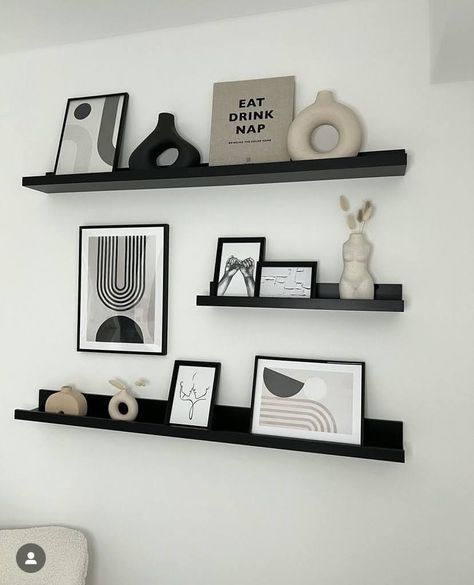 Shelf Decor Living Room, Apartment Living Room Design, Future Apartment Decor, Shelves In Bedroom, White Living Room, Apartment Decor Inspiration, Room Makeover Inspiration, Decor Home Living Room, Living Room Decor Apartment