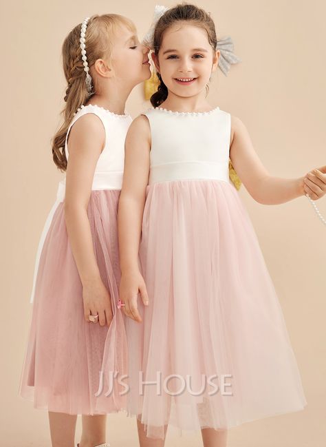 A-line Scoop Tea-Length Satin/Tulle Flower Girl Dress (010264270) - JJ's House Spring A-line Tea Length Bridesmaid Dress, Flowergirls Dress, Flower Girl Dresses Tulle Long Sleeve, Blush Pink Flowergirl Dress, Monsoon Flower Girl Dress, Tea Length Flower Girl Dress, Dress Tea Length, Tulle Flower Girl Dress, Satin Tulle