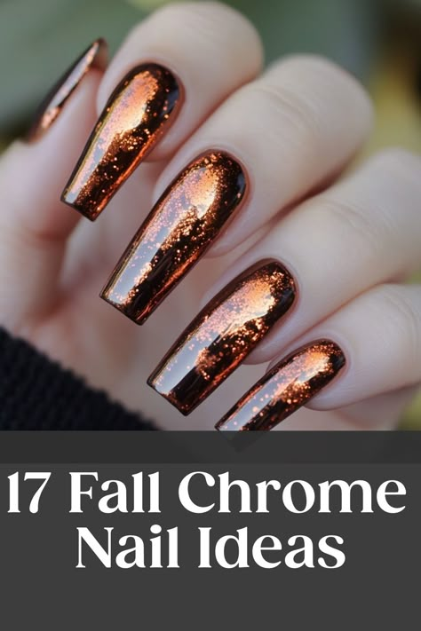 Explore the latest in fall chrome nails designs to elevate your manicure game this season. Discover stunning fall chrome nail colors and get inspired with chic fall chrome nail ideas. Whether you prefer classic autumn hues or bold metallic finishes, these unique nail designs are perfect for adding a touch of glamour to your fall look. From subtle shimmer to eye-catching metallic effects, these fall chrome nails are sure to make a statement. Try out different designs and find the perfect style to Fall Shiny Nails, Black Nails With Orange Chrome, Autumn Chrome Nails 2024, Copper Flake Nails, October Inspired Nails, October Nails Coffin Shape, Tigers Eye Nails Design, Copper Gold Nails, Halloween Crome Nails