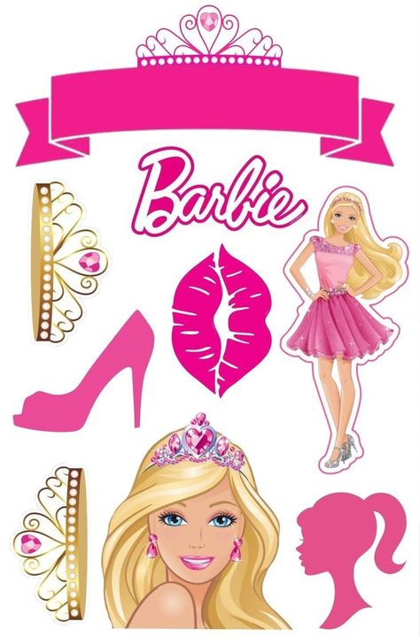 Barbie Cake Topper Printable, Barbie Birthday Party Games, Barbie Topper, Barbie Theme Cake, Barbie Cake Topper, Topper Barbie, Barbie Stickers, Sweet Birthday Cake, One Piece Birthdays