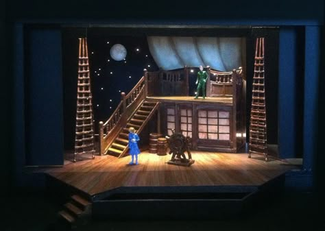 Pirate Ship: Scenic Design for PETER PAN by Linda Buchanan ... Peter Pan Ship, Ship Stage Design, Peter Pan Props Set Design, Peter Pan Stage Design, Peter Pan Set Design, Peter Pan Theatre, Ocean Theatre Set, Peter Pan Theatre Set Design, Pirate Ship Theatre Set