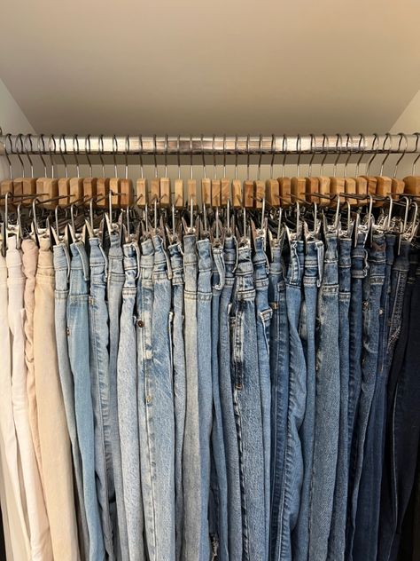 Jeans Collection Closet, Organize Jeans, Organised Aesthetic, Jeans Organization, Clean Room Aesthetic, Jean Organization, Closet Addition, Girly Room Decor, Stocking Stuffers For Teens