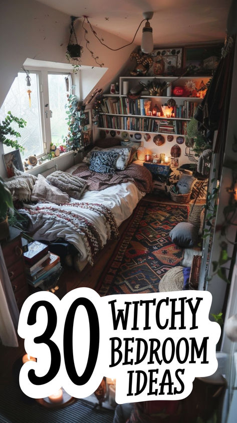 Transform your bedroom into a mystical haven with these 30+ witchy decor ideas! From celestial accents to vintage vibes, discover how to create a space filled with magic, mystery, and charm. 🕯️✨ Perfect for lovers of all things witchy! #Bedroom #witchy #witchybedroom #bedroomideas Cool Bedroom Layouts, 30 Year Old Room Decor, Maleficent Bedroom Ideas, Unique Master Bedrooms Decor, Witchy Color Palette Bedroom, Cheap Diy Home Decor Bedroom, Bedroom Vines Ideas, Witchy Home Decor Ideas, Mystical Bedroom Ideas