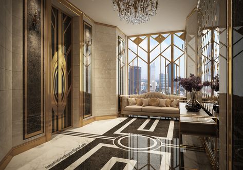 [ART DECO] Private Elevator Penthouse Entry on Behance Gatsby Interior Design, Art Deco Lobby, Art Deco Entrance, Private Elevator, Dressing Unit, Penthouse Interior, Art Deco Hotel, Art Deco Bar, Art Deco Interior Design