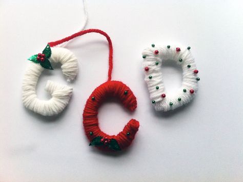 Diy Letter Ornaments, Christmas Letter Ornaments Diy, Letter Christmas Ornaments, Homemade Letter Ornaments, Yarn Initial Ornaments, Diy Yarn Letter Ornaments, Yarn Letter Ornament, Anthropologie Gifts, Yarn Letters