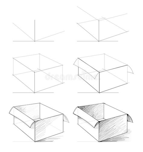 Drawing From Perspective, Cute Box Drawing, How To Draw Shapes, Drawing From Shapes, Box Sketch Drawing, Open Box Drawing, Sketch Step By Step Pencil, Box Method Drawing, Simple Objects To Draw