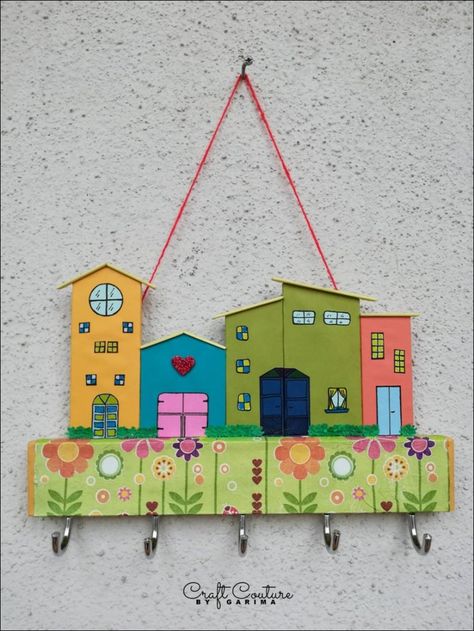 Mini Houses Key Holder, #latepost | The Craft House Mini Wall Decor, Mdf Key Holder, Key Holder Painting Ideas, Diy Keyholder Ideas, Keyholders Diy Cute Ideas, Lippan Art Key Holder, Key Holder Diy Creative, Mdf Crafts Ideas, Key Holder Ideas Diy