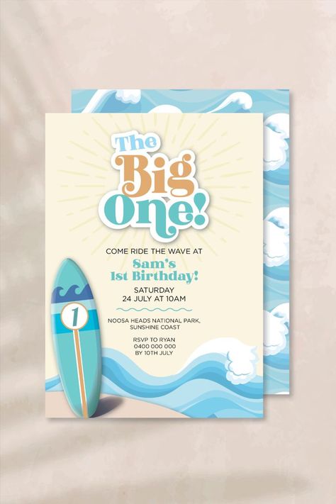 Surf Boy First Birthday invitation, The Big One Surfing Birthday Invite, Surfing Blue Invitation, 1st Birthday Invite, Wave Birthday Invite First Wave Birthday Invitation, The Big One Invitation, The Big One Wave Birthday, The Big One Birthday Invitations, August 1st Birthday Party Ideas, Surf Boy, Surf Birthday, Birthday Illustration, Blue Invitation