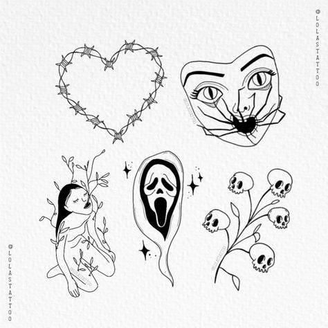 Halloween Flash Tattoos ideas @lolastattoo wired heart, person plant, scream, skulls, doll w/ spider Halloween Tattoo Flash, Halloween Flash, Kawaii Tattoo, Spider Tattoo, Flash Tattoos, Tattoo Style Drawings, Halloween Tattoos, Tattoo Flash Art, Flash Art