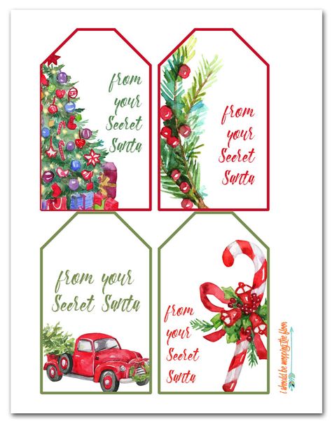 Free Printable Secret Santa Gift Tags in Four Designs Secret Santa Gift Tags, Santa Gift Tags Printable, Secret Santa Christmas Gifts, Santa Tag, Santa Gift Tags, Elves Gift, Free Printable Tags, Santa Candy, Santa Cards