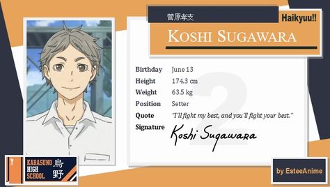 Haikyuu Characters Cards, Suga Haikyuu, Koshi Sugawara, Character Info, Kōshi Sugawara, All My Friends Are Dead, Identity Card Design, Daichi Sawamura, Character Card