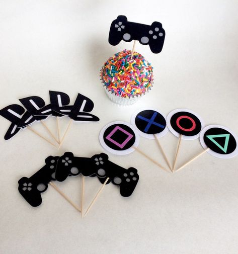 Playstation Birthday Party Cupcake Toppers Video Game Party | Etsy Canada Playstation Birthday Party, Playstation Birthday, Gamer Birthday Cake, Playstation Party, Gaming Party, Gamer Party, Video Games Birthday Party, Gamer Birthday, Party Topper