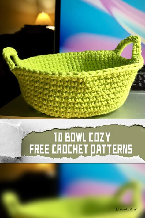 10 Bowl Cozy Free Crochet Patterns - iGOODideas.com Crochet Bowl Cosy Free Pattern, Bowl Koozie Pattern Free, Crocheted Bowl Cozy, Crochet Bowl Cozies, Crochet Chicken Bowl Cozy Free Pattern, Bowl Cozy Crochet Pattern Free, Crocheted Bowl Cozy Pattern Free, Crochet Microwave Bowl Cozy Free Pattern, Bowl Cozy Pattern Free Crochet