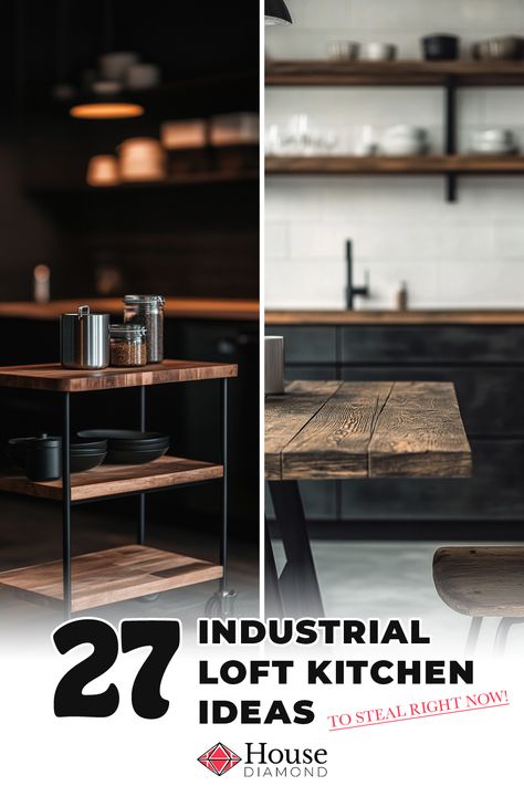 27 industrial loft kitchen ideas Loft Kitchen Ideas, Industrial Loft Kitchen, Sleek Cabinet, Industrial Kitchen Design, Urban Kitchen, Loft Kitchen, Industrial Style Kitchen, Pot Rack Hanging, Large Kitchen Island