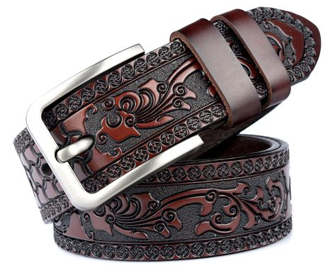 PRICES MAY VARY. 【Durable and Classic Western Cowboy Belt】Cowboy belt is made of quality leather, decorated with embossed flower patterns, classic and beautiful, the belt buckle is made of quality zinc alloy, reliable for a long time use, not easy to break and fade. 【Western Cowgirl Cowboy Belts Size】Two size could to choose,Detailed Size Information: bull shape belt buckle measures about 3.8cm/1.5 inches in width, One size about 43 inches in length, Suit for Waist 34''-39'',The other size about Mens Belts Fashion, Ikat Pinggang, Leather Pant, Punk Rock Fashion, Designer Belt, Designer Belts, Vintage Punk, Vintage Gothic, Faux Leather Belts