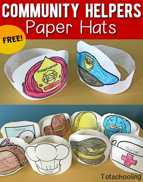 Community Helper paper hats for police, nurse, fireman Easy Hat Crafts For Preschool, Detective Hat Craft, Fireman Hat Craft Preschool, Fireman Hat Craft, Nurse Hat Craft, Fireman Hat Template Free Printable, Police Hat Craft, Community Helpers Hats, Community Helper Hats