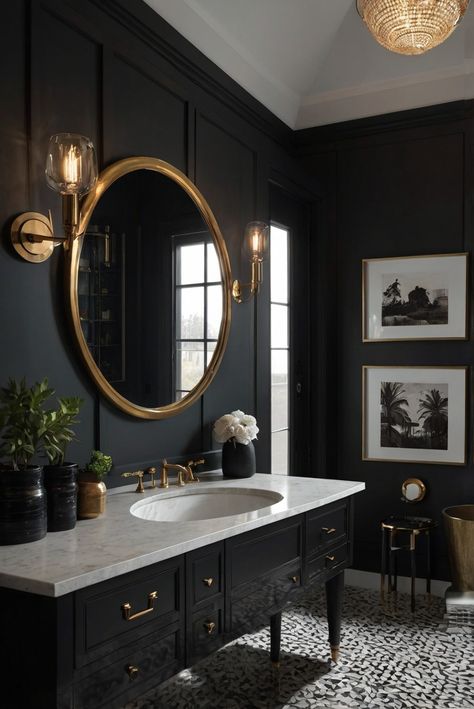 Tricorn Black (SW 6258): Boldness of Black in Your Moody, Elegant Bathroom Escape! - upgradesign.blog Small Dark Bathroom, All Black Bathroom, Bright Room Colors, Black Powder Room, Unique Tiles, Tricorn Black, Bold Bathroom, Ideas Baños, Dark Bathrooms