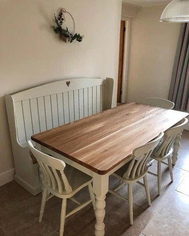 Farmhouse Table Bench With Back, Small Kitchen Table Bench Seat, Kitchen Table With Bench And Chairs, New Build Decorating Ideas, Dining Table With Bench And Chairs, Small Dining Table With Bench, Kitchen Table With Bench Against Wall, Dining Bench Ideas, Farmhouse Table And Chairs