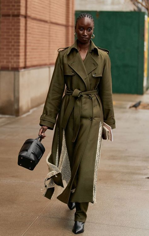 The 8 Items We Saw Everyone Wearing in New York This Week Khaki Coat Street Style, Silk Blouse Outfit, Khaki Coat, Colorful Jacket, Fashion Week Trends, Style Pictures, Coat Street Style, Denim Trench Coat, New York Street Style