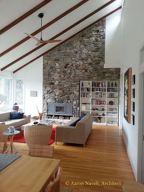 Haiku ceiling fan in Caramel Bamboo. Photo © Aaron Naveh, Architect. Angled Ceiling Living Room, Haiku Fan, Ceiling Beams Living Room, Vaulted Ceiling Ideas, Beams Living Room, Vaulted Ceiling Living Room, Angled Ceiling, Cabin Chic, Tree House Plans