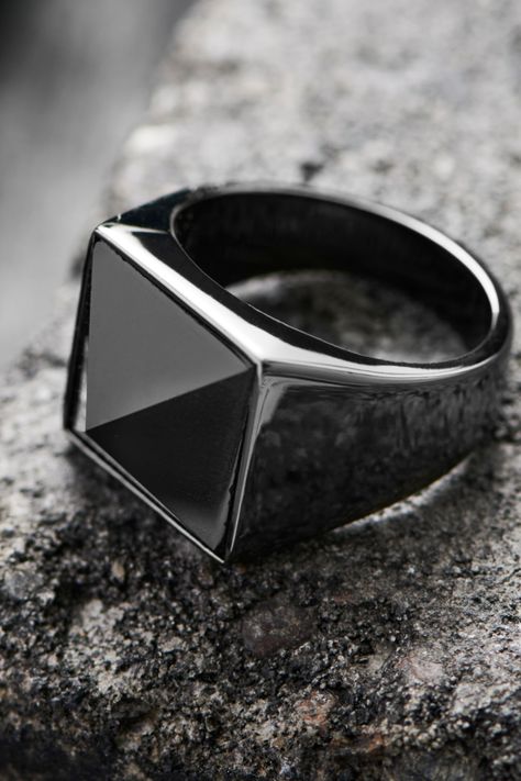 This substantial men’s ring boasts a unique pyramid-shaped top and polished gunmetal-colored stainless steel. A unique upgrade to any look.  Make yours truly one-of-a-kind with a custom engraving.  Crafted in rust-free stainless steel.  Designed in Denmark. Gift pouch included. #ring #mensring #signet #signetring Rings For Boys, Onyx Ring Men, Ring Boy, Trendy Rings, Mens Gemstone Rings, Mens Rings Fashion, S Ring, Bold Rings, Street Smart