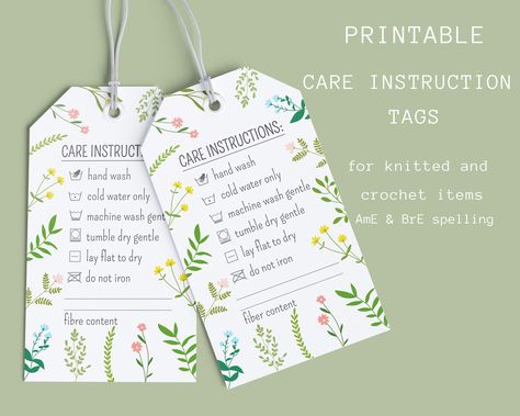 Care Instructions For Crochet Items, Crochet Care Card, Care Tags For Handmade Items, Crochet Care Instructions Printable Free, Gift Label Ideas, Crochet Printable Labels, Care Instruction Cards Crochet, Crochet Tags And Labels, Crochet Tags And Labels Printable