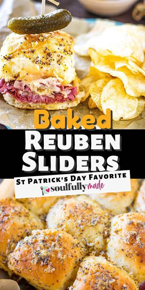 Reuben Sliders with sliced corned beef, Swiss cheese, sauerkraut, and thousand island dressing on Hawaiian rolls brushed with a seasoned buttery topping. Reuben Sliders, Sandwich Sliders, St Patrick's Day Appetizers, St Patricks Food, Sliders Recipes Hawaiian Rolls, Beef Sliders, Corned Beef Recipes, Thousand Island, Reuben Sandwich