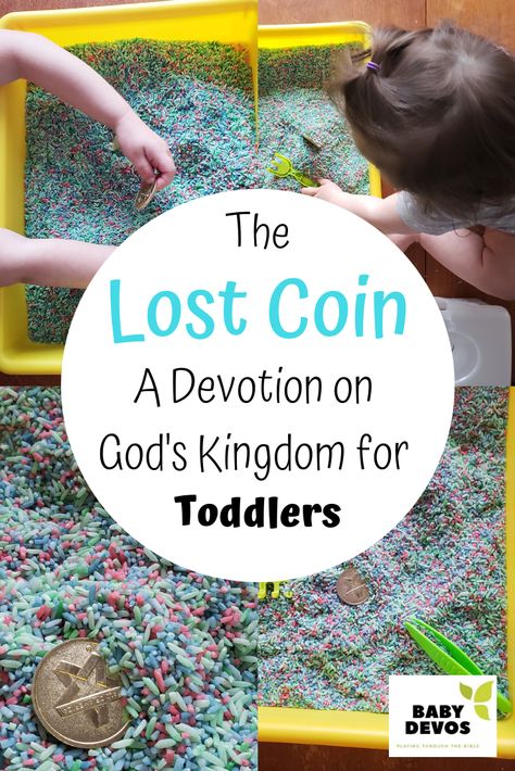 Oil And Water Bible Lesson, Parable Of The Lost Coin Object Lesson, Bible Story Sensory Play, Devotions For Toddlers, The Lost Coin Parable, The Lost Coin Craft Sunday School, Toddler Sunday School Activities, Nursery Sunday School Lessons, Lost Coin Parable Craft