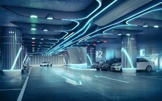 Scifi Environment, Parking Building, Park Signage, Spaceship Interior, Future Buildings, Concrete Paving, Sci Fi Design, Sci Fi Environment, Futuristic Interior