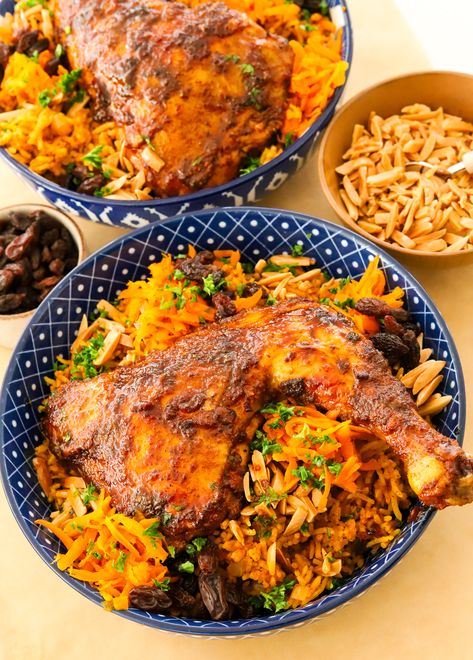 Chicken Kabsa and Rice Kabsa Recipe Chicken, Royal Chicken, Kabsa Recipe, Rice Flour Recipes, Best Rice Recipe, Royal Recipe, Persian Recipes, Chicken Leg Quarters, Sauteed Carrots