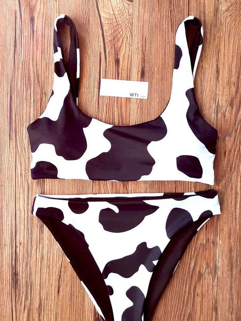 Cow Print Bathing Suit, Cute Bathing Suits Bikinis, Cow Print Crop Top, Crop Top Bathing Suit, Swimming Clothes, Cow Prints, Summer Bathing Suits, White Bathing Suit, Looks Country