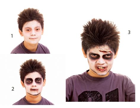 Easy Zombie Face Paint, Zombie Makeup Easy Kids, Kids Zombie Face Paint, Boys Zombie Makeup, Diy Kids Zombie Costume, Easy Kids Zombie Makeup, Boy Zombie Makeup, Zombie Makeup Kids Boys, Kids Zombie Makeup Boys