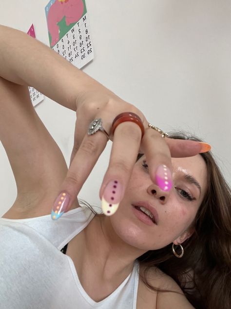 Dotted french tips gel nail design colorful multicolor Car Eye French Tip Nails, Colored French Tip Nails With Design, Colorful Minimalist Nails, Nails With Circles, French Tip Dot Nails, French With Dots Nails, French Tip Nails Dots, French Dots Nails, Multicolor French Tips