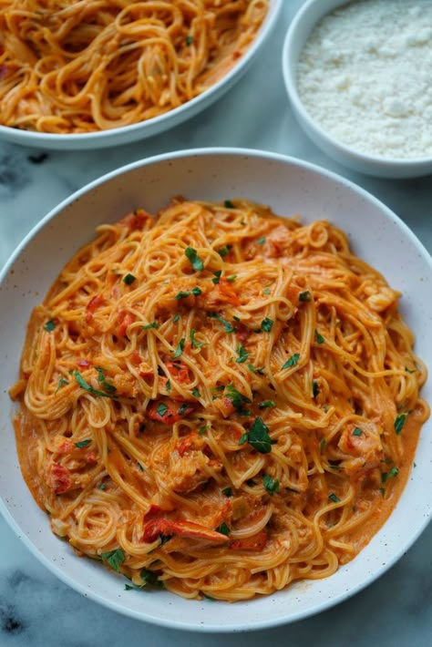 Spicy Lobster Capellini Spicy Lobster Pasta, Lobster Spaghetti Recipe, Capellini Recipes, Lobster Rice, Spicy Lobster, Lobster Pasta Recipe, Lobster Recipe, Lobster Pasta, Spicy Pasta