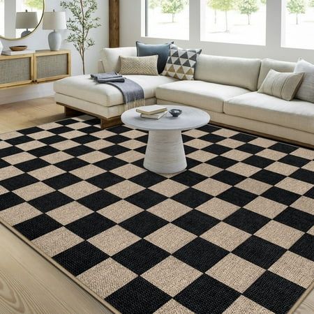 Checkered rug living room