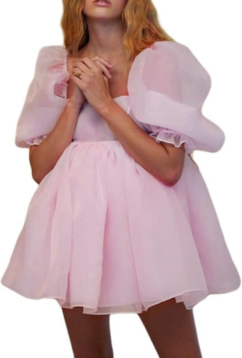 Women Fairy Ruffle Mini Dress Square Neck Puff Sleeve A Line Short Dress Smocked Low Cut Off Shoulder Flowy Dress(Ab Pink Cute,Small) at Amazon Women’s Clothing store Tulle Prom Dress With Sleeves, Princess Fairy Dress, Tulle Princess Dress, Collar Mini Dress, Tulle Mini Dress, Dress Flowy, Mini Dresses For Women, Ruffle Mini Dress, Prom Dresses With Sleeves