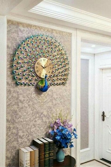 Peacock Living Room, Drawing Room Decor, Peacock Wall Art, Watch Clock, Ethnic Home Decor, Pooja Room Door Design, Deco Home, Room Door Design, Wall Clock Design