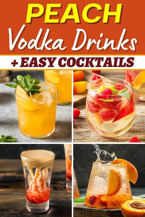 From sweet summer cocktails to bright winter beverages, these easy and sunny peach vodka drinks are delicious any time of the year. Peach Lemonade Vodka Drinks, Easy Peach Cocktails, Cocktails With Peach Vodka, Peach Ciroc Mixed Drinks, Smirnoff Peach Vodka Recipes, Drinks With Peach Vodka, Peach Smirnoff Drinks, White Peach Cocktail, Vodka Peach Schnapps Drinks